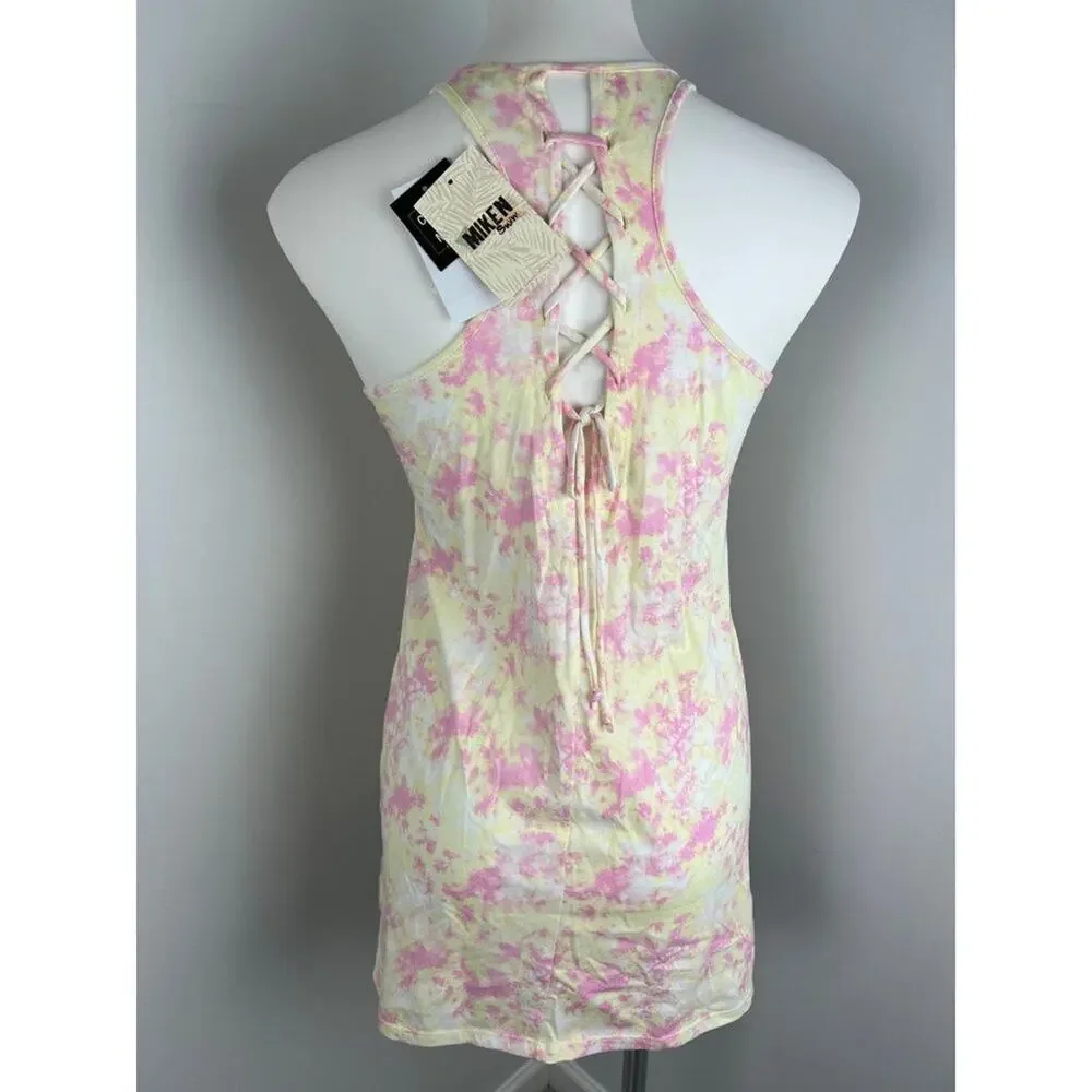 Miken Swim Yellow Pink Tie Dye Gold Beach Print Swim Cover Up Small
